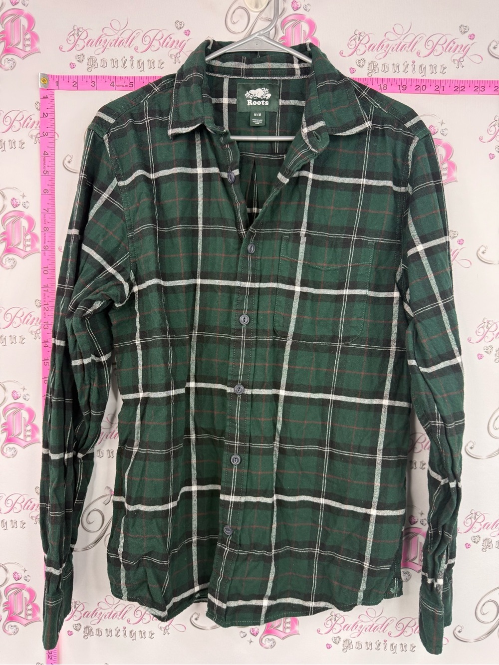 Roots button up shirt top plaid Men's Dark Green Plaid Button-Down Shirt